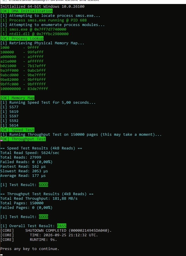 Supplied test output showing 181.88 MB/s total read throughput, 150000 pages and 0 failed pages